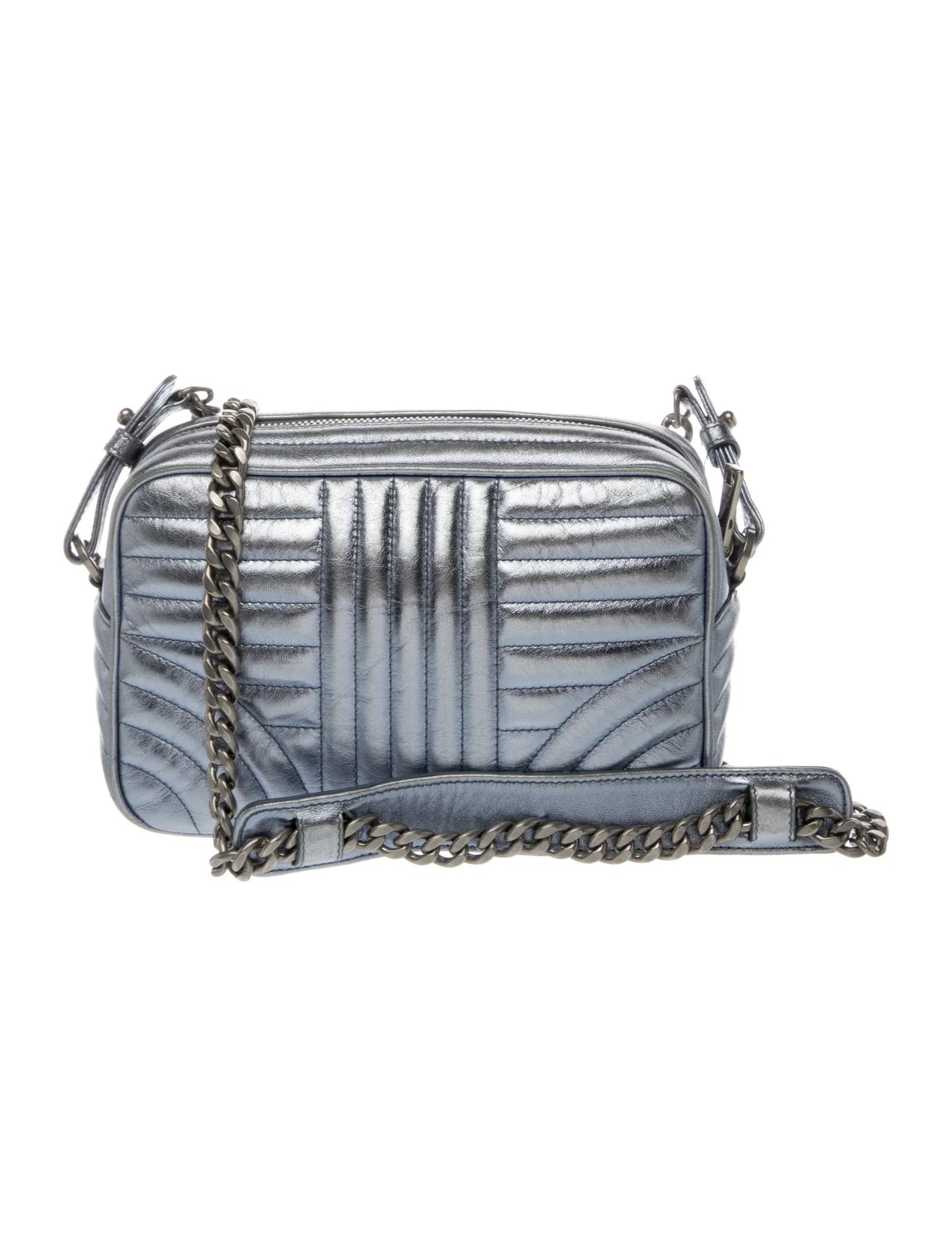$1690 Prada Soft Calfskin Diagramme Camera Bag Metallic Silver