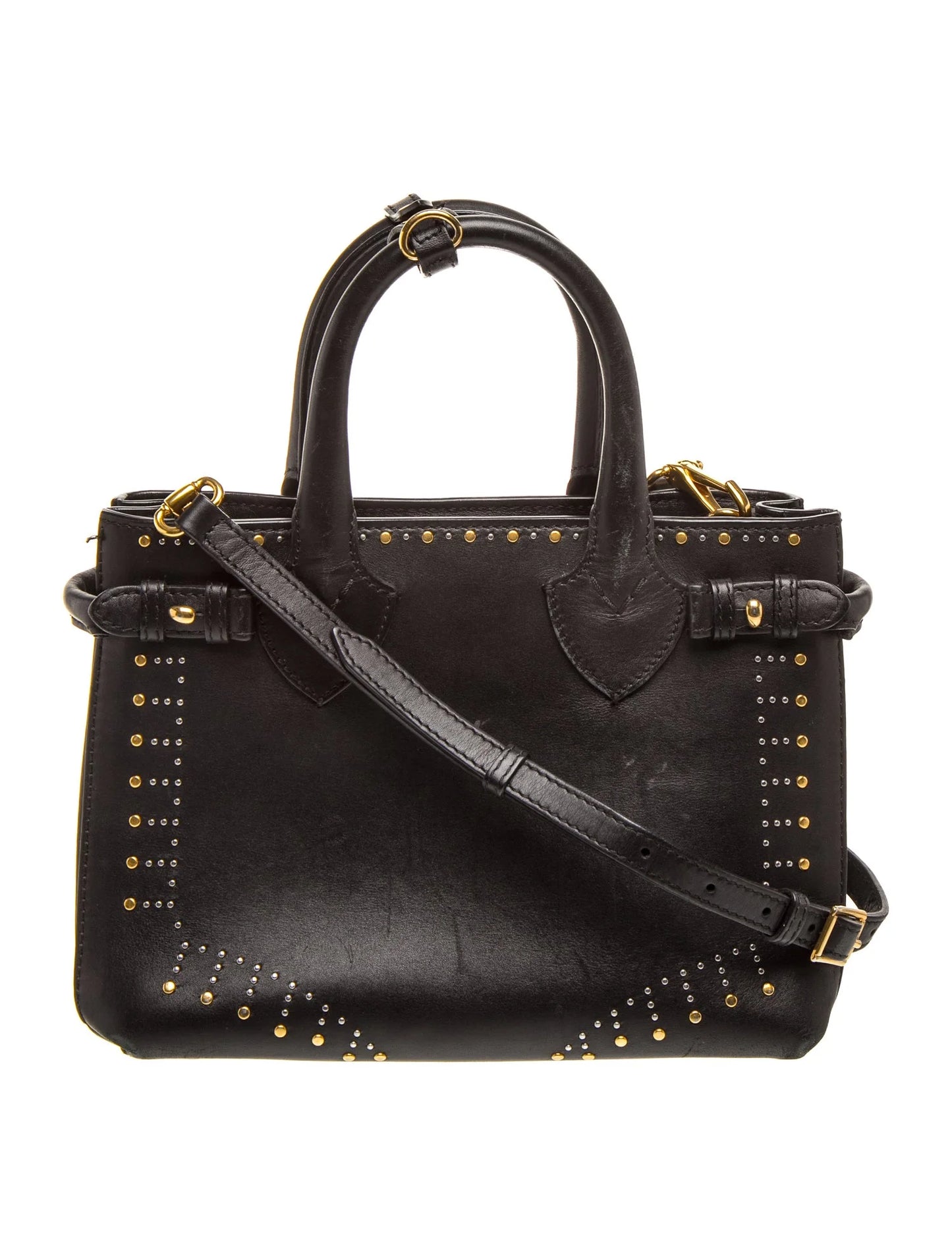 $2650 Burberry Studded Derby Calfskin Small Banner Tote Black
