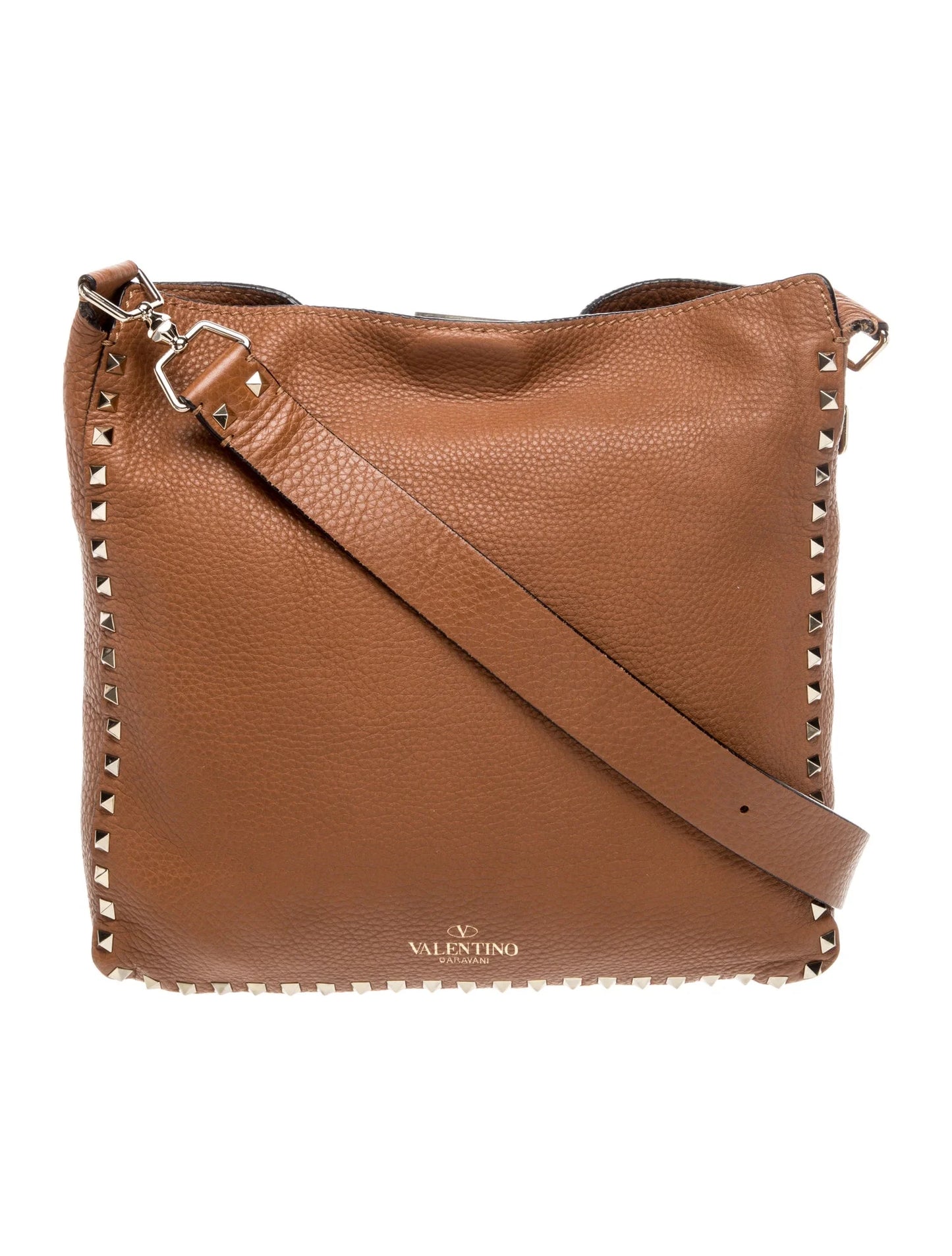 $2275 Valentino Pebbled Calfskin Small Rockstud Flip-Lock Messenger Bag Brown