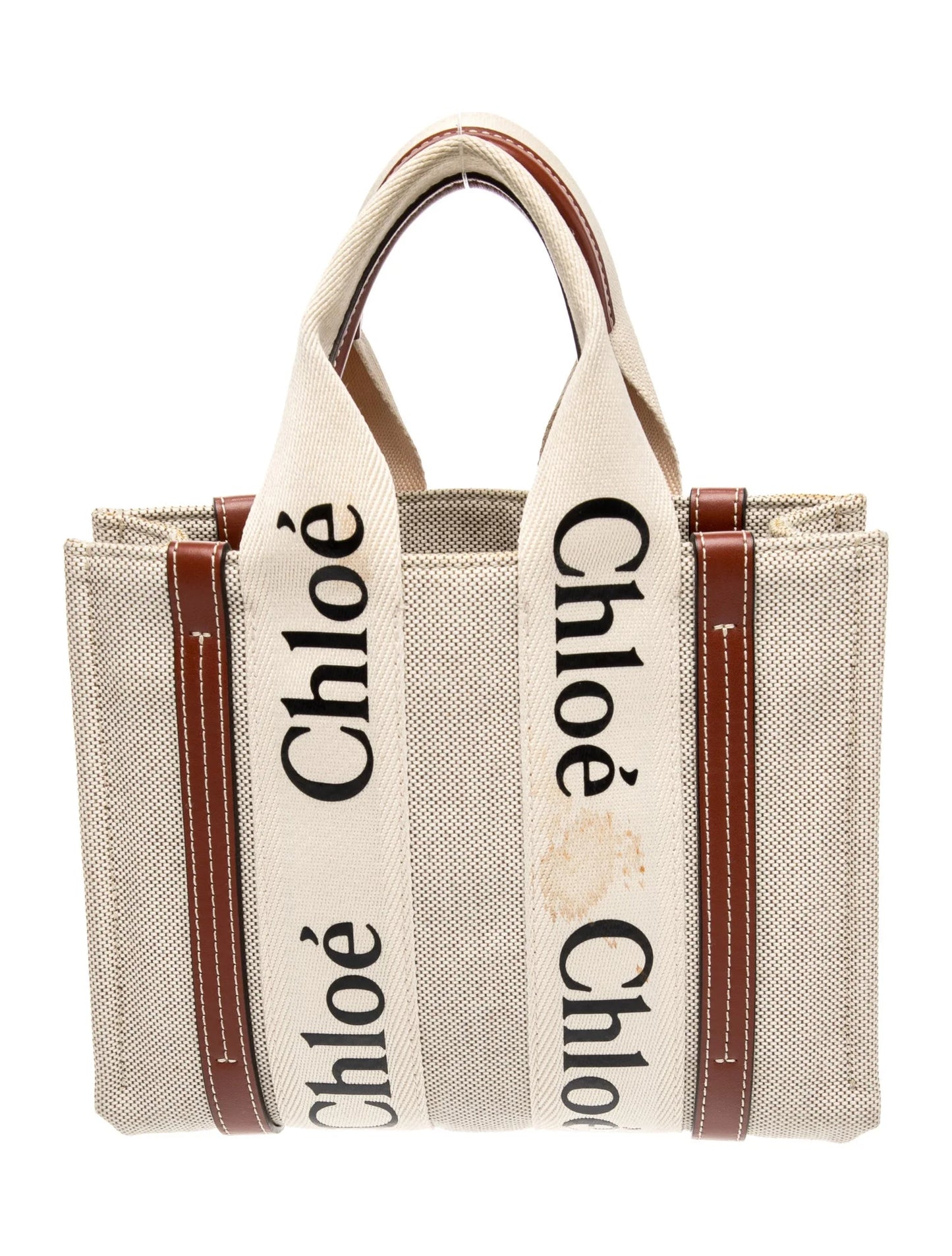 $1350 Chloe Linen Calfskin Small Woody Ribbon Tote White Black
