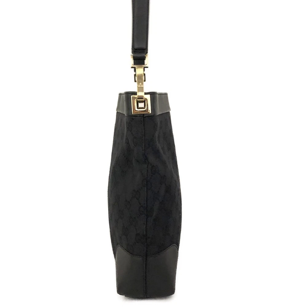 GUCCI GG Logo Canvas Leather Shoulder Tote Bag Black