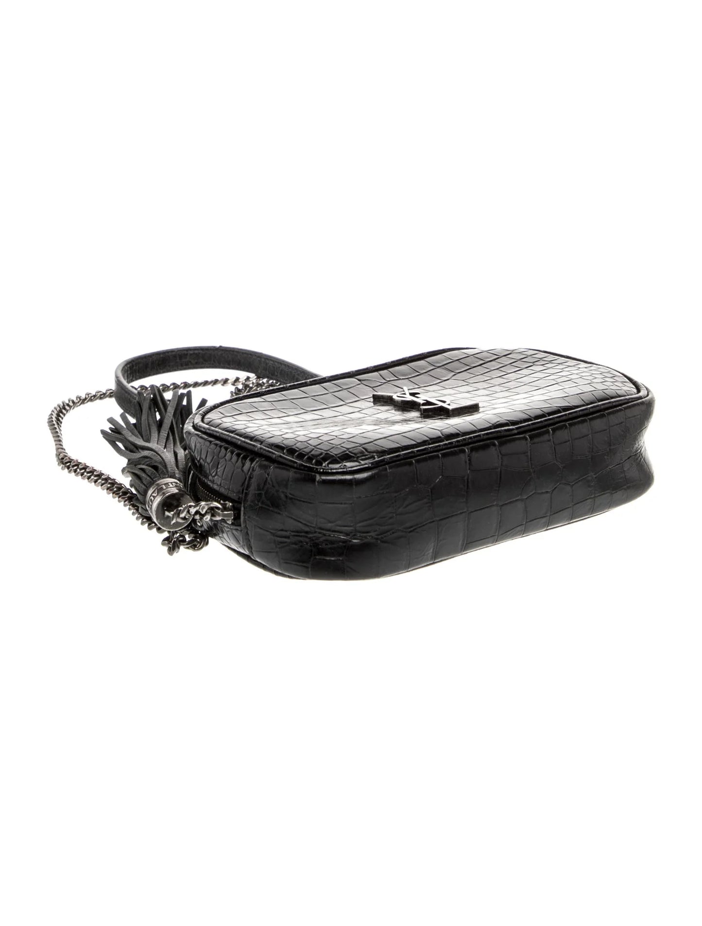 $1800 2019 Saint Laurent Calfskin Crocodile Embossed Monogram Mini Lou Camera Bag Black