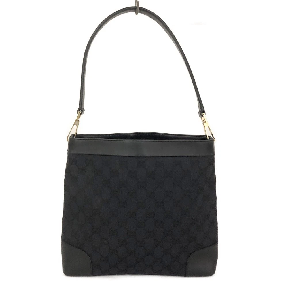 GUCCI GG Logo Canvas Leather Shoulder Tote Bag Black