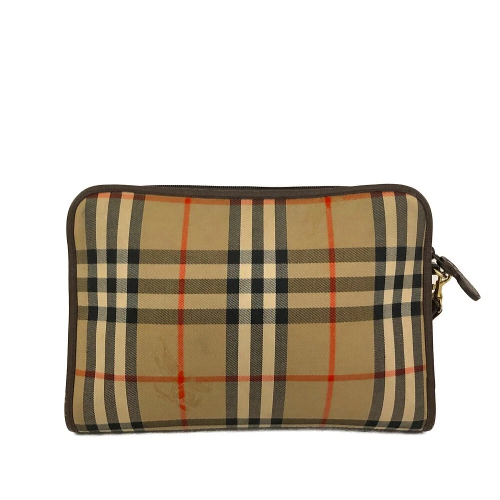 $450 Burberrys Horse Logo Check Canvas Clutch Bag Beige