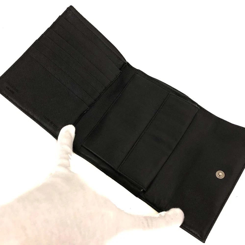 $775 PRADA Tessuto Nylon Logo Plate Trifold Wallet Black