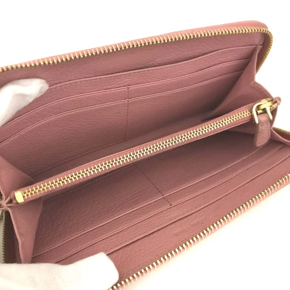 $895 MIU MIU Logo Leather Zip Around Long Wallet Pink