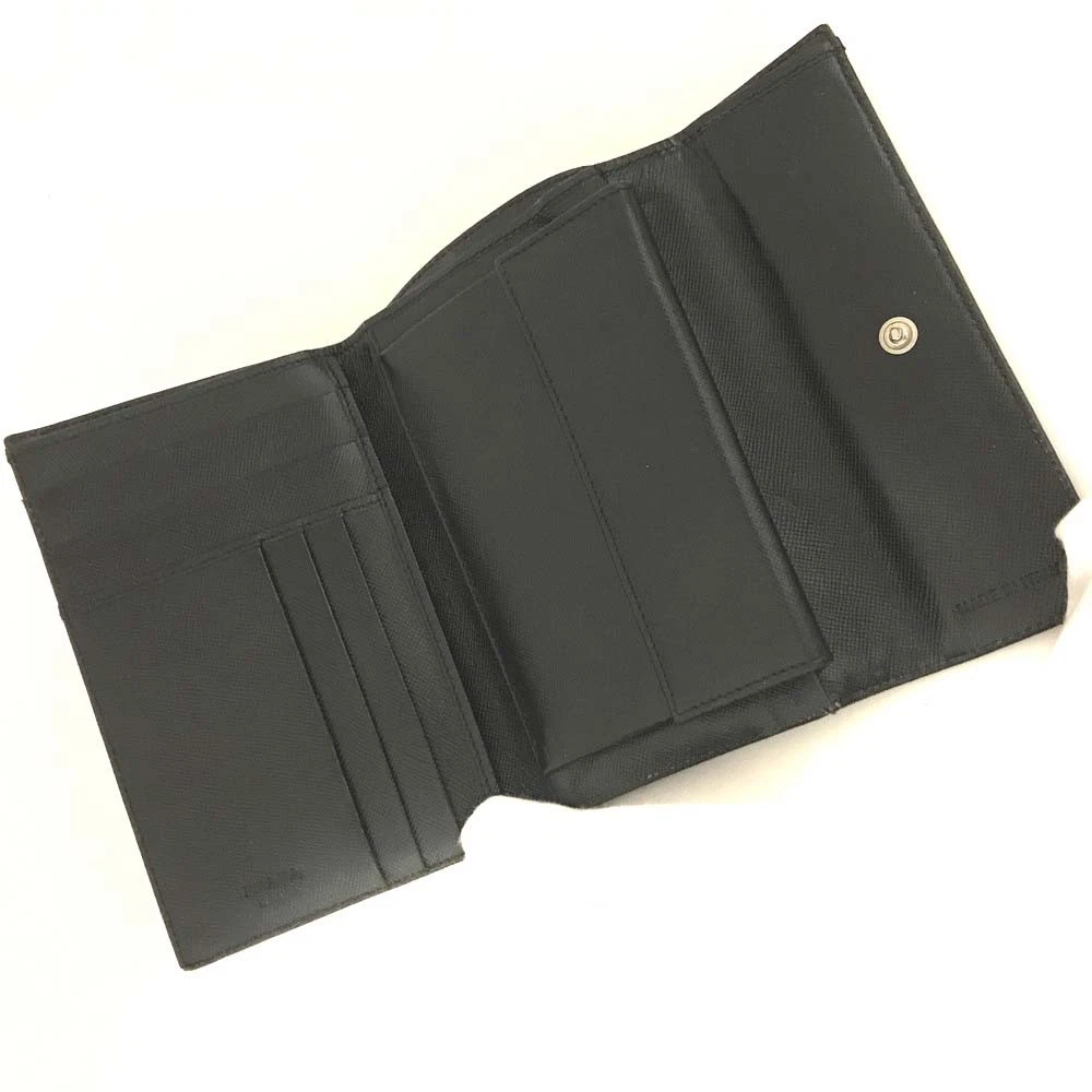 $675 PRADA Logo Plate Nylon Trifold Wallet Purple