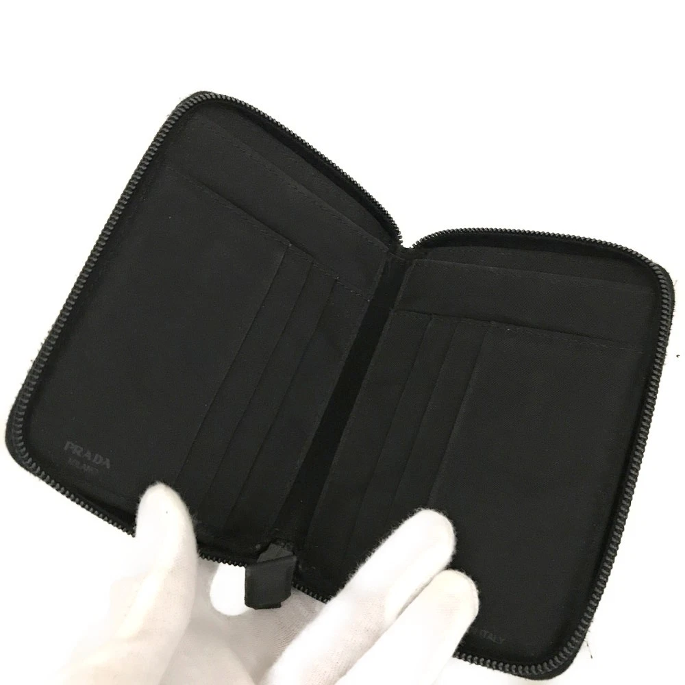 $480 PRADA Tessuto Nylon Logo Plate Zippy Bifold Wallet Black