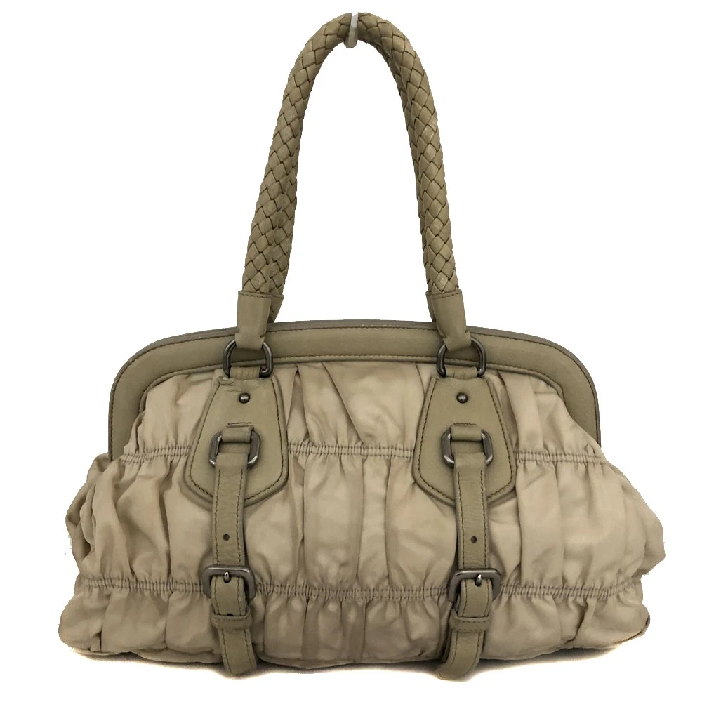 PRADA Logo Plate Nylon Hand Bag Ivory/6CH0844