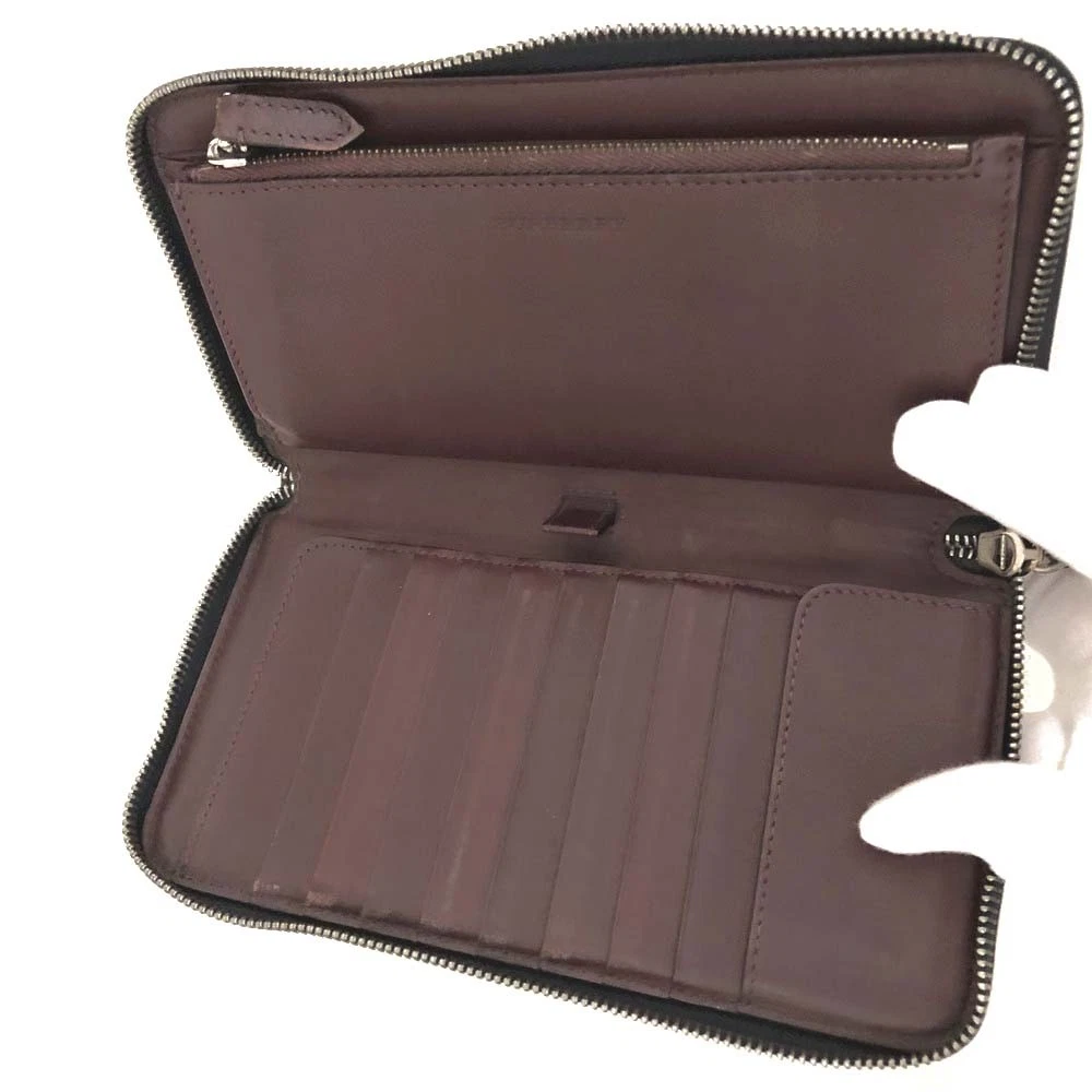 BURBERRY Logo Leather Organizer Zip Around Long Wallet Navy blue