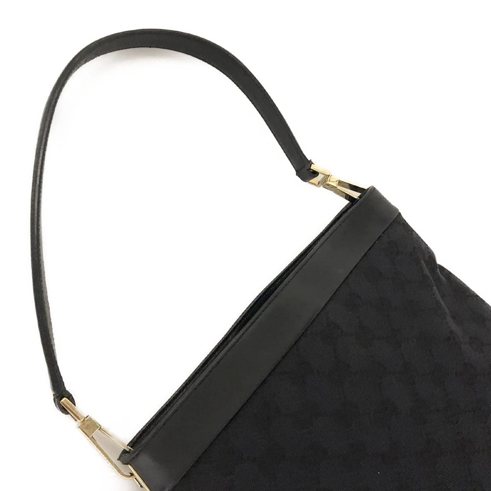 GUCCI GG Logo Canvas Leather Shoulder Tote Bag Black