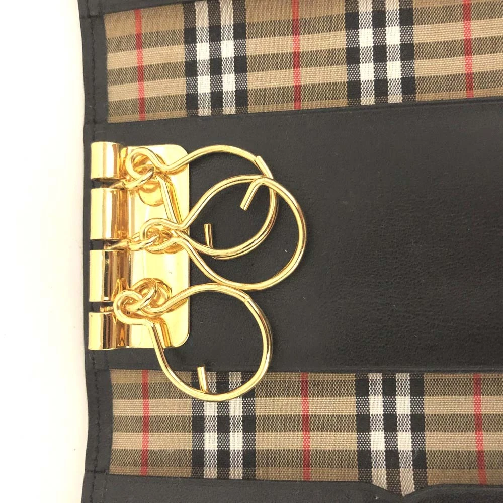 $280 Burberry House Check Leather 3 Ring Key Case Black