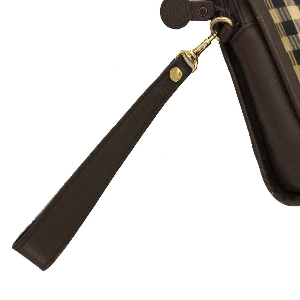 $450 Burberrys Horse Logo Check Canvas Clutch Bag Beige