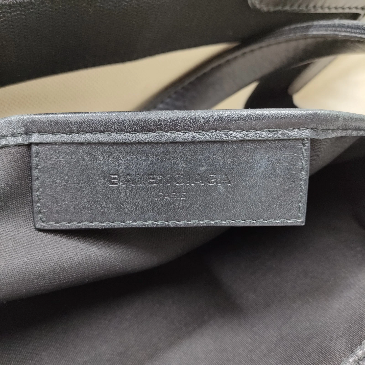$995 Balenciaga Cotton Canvas Satin Calfskin S Navy Cabas Natural Black