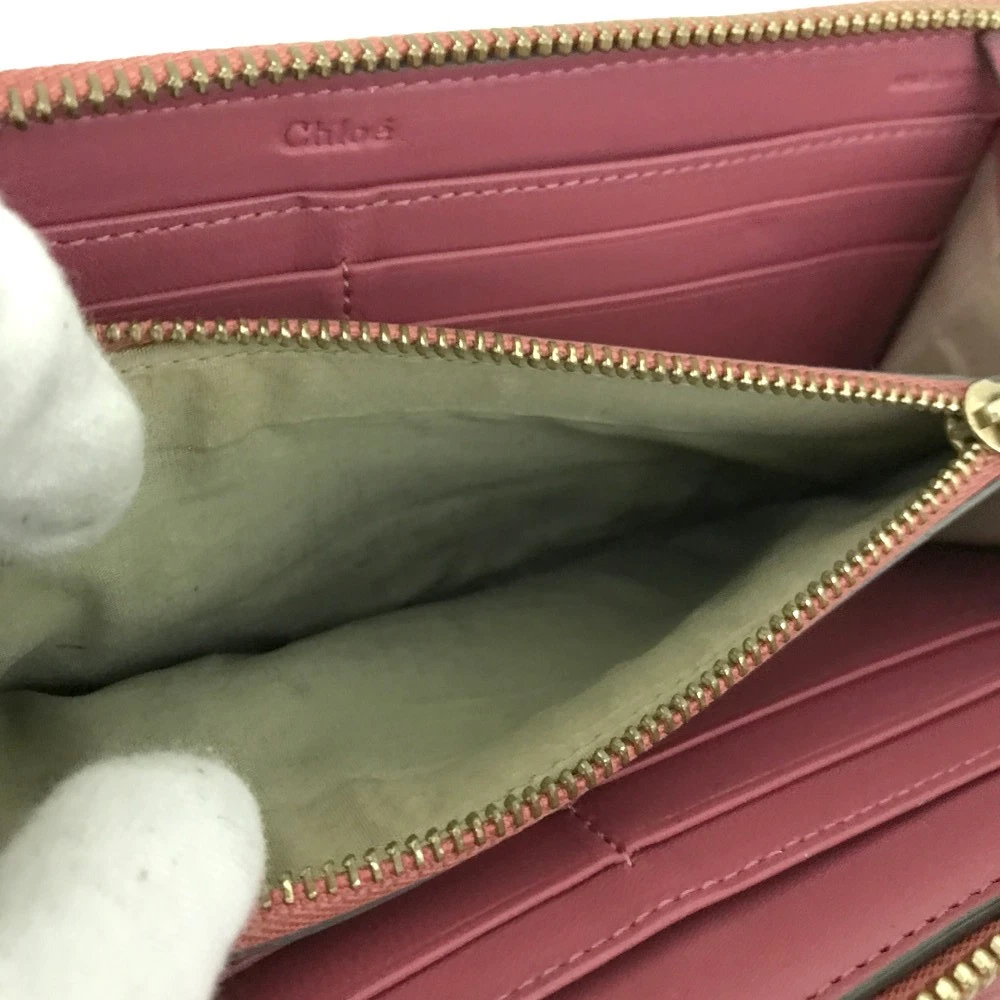 Chloe Ribbon Leather Zippy Long Wallet Purse Pink