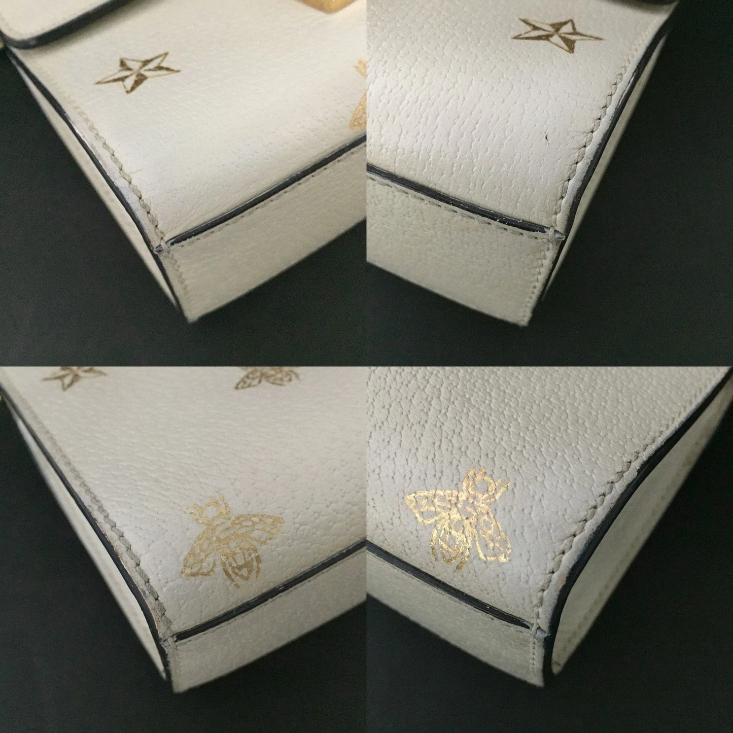$1980 Gucci Grained Calfskin Bee Star Small Padlock Shoulder Bag White