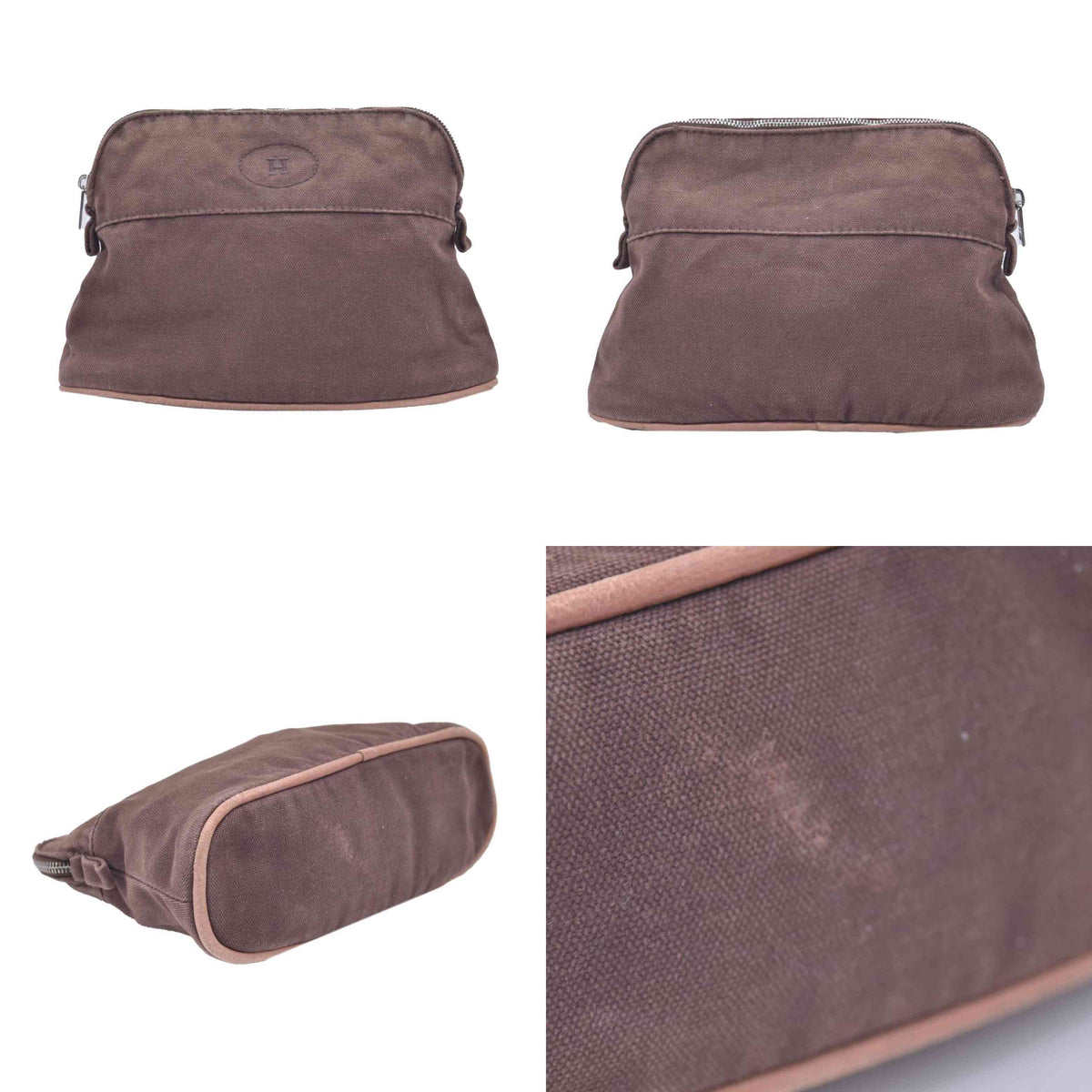 $520 HERMES Cotton Canvas Bolide MM Cosmetic Pouch Brown CONSIGNMENT 10021211