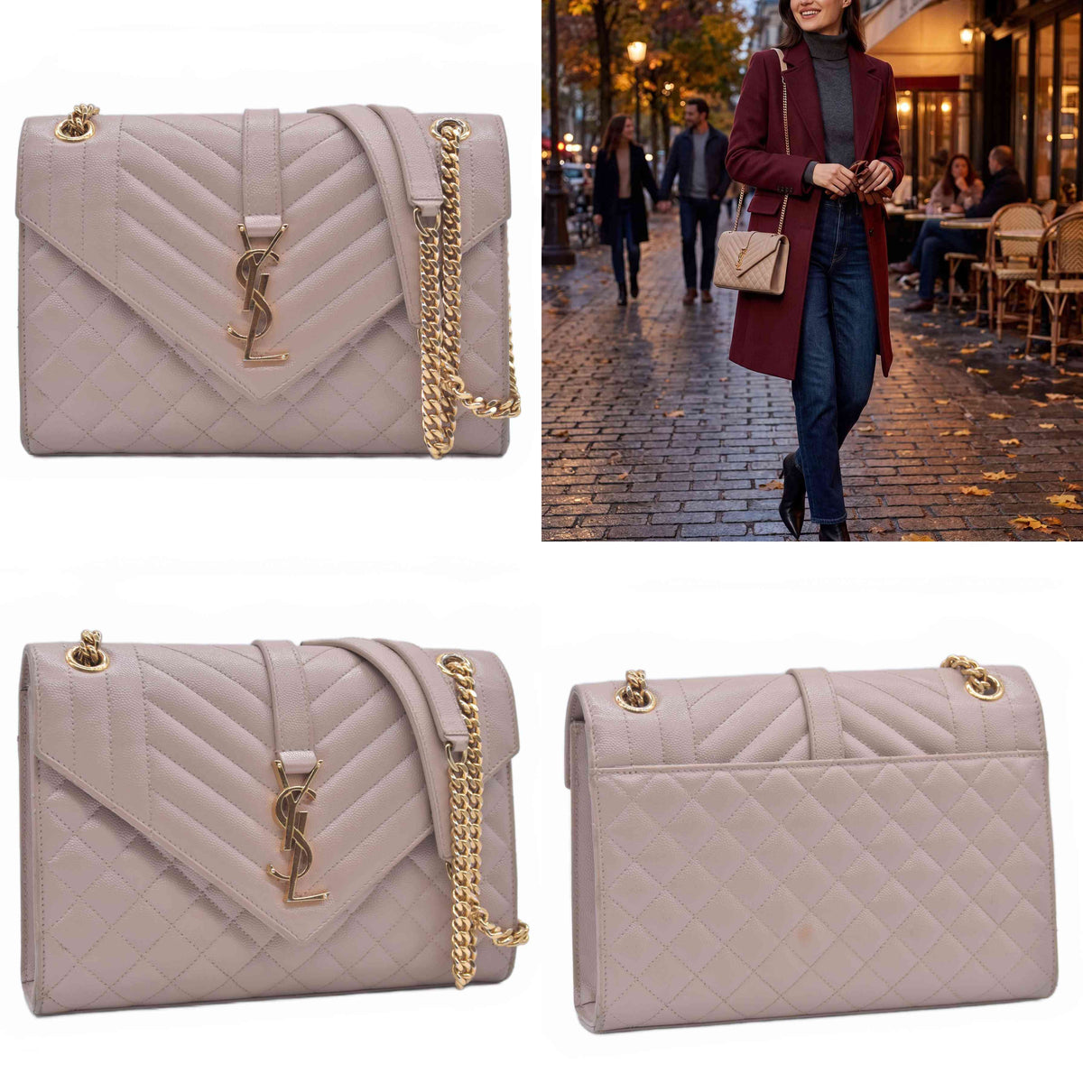 $3300 2021 Saint Laurent Grain De Poudre Textured Mixed Matelasse Medium Triquilt Monogram Satchel Beige