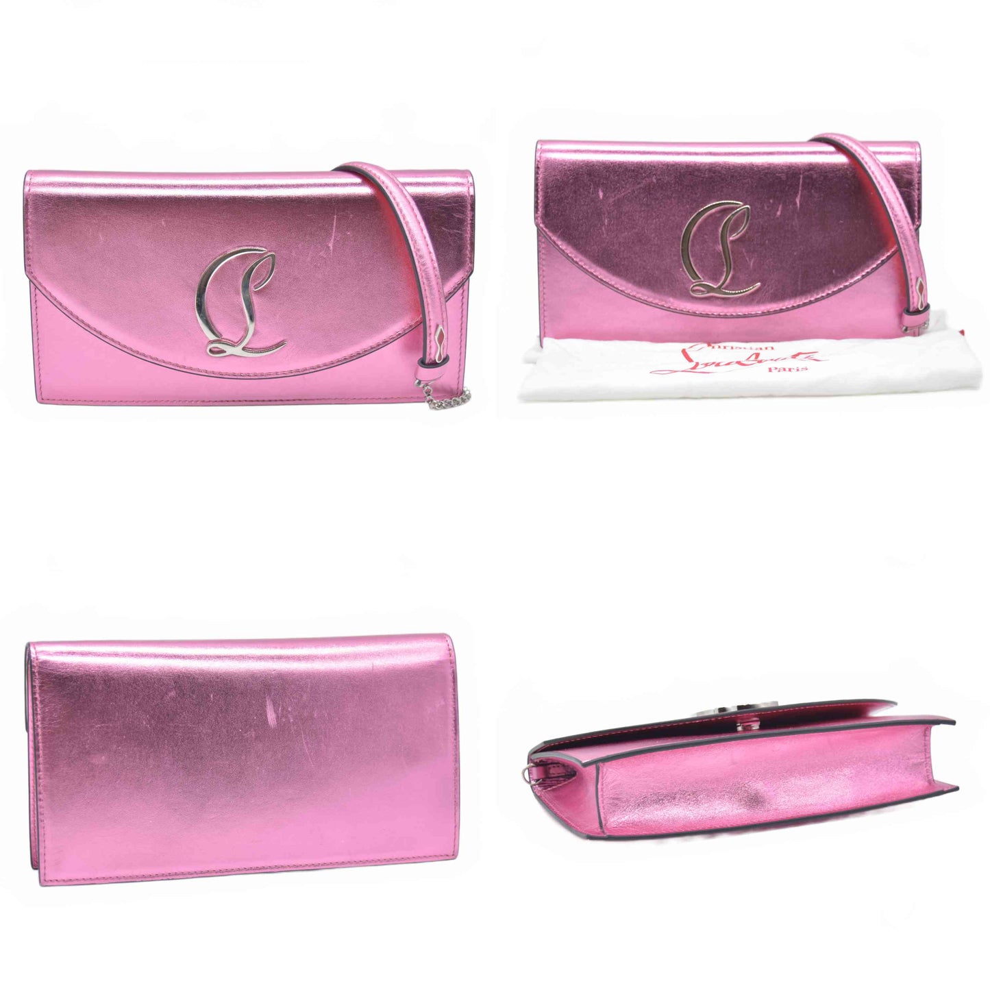 $1390 Christian Louboutin Calfskin Loubi54 Crossbody Clutch Pink Metallic