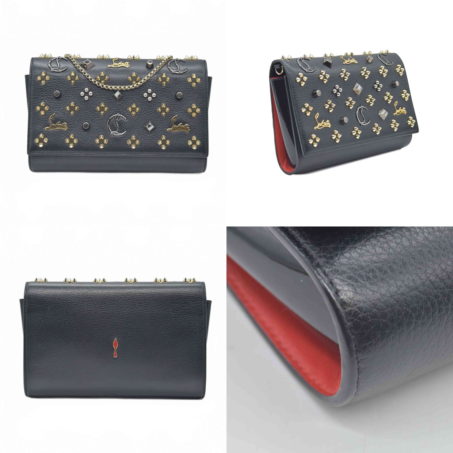 $1450 Christian Louboutin Grained Calfskin Spikes Loubinthesky Paloma Wallet On Chain Black Multimetal
