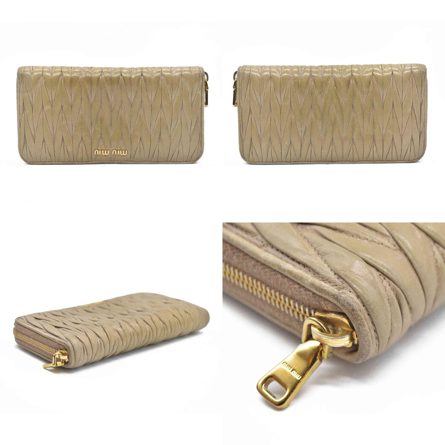 MIU MIU Materasse Leather Zip Around Long Wallet Beige