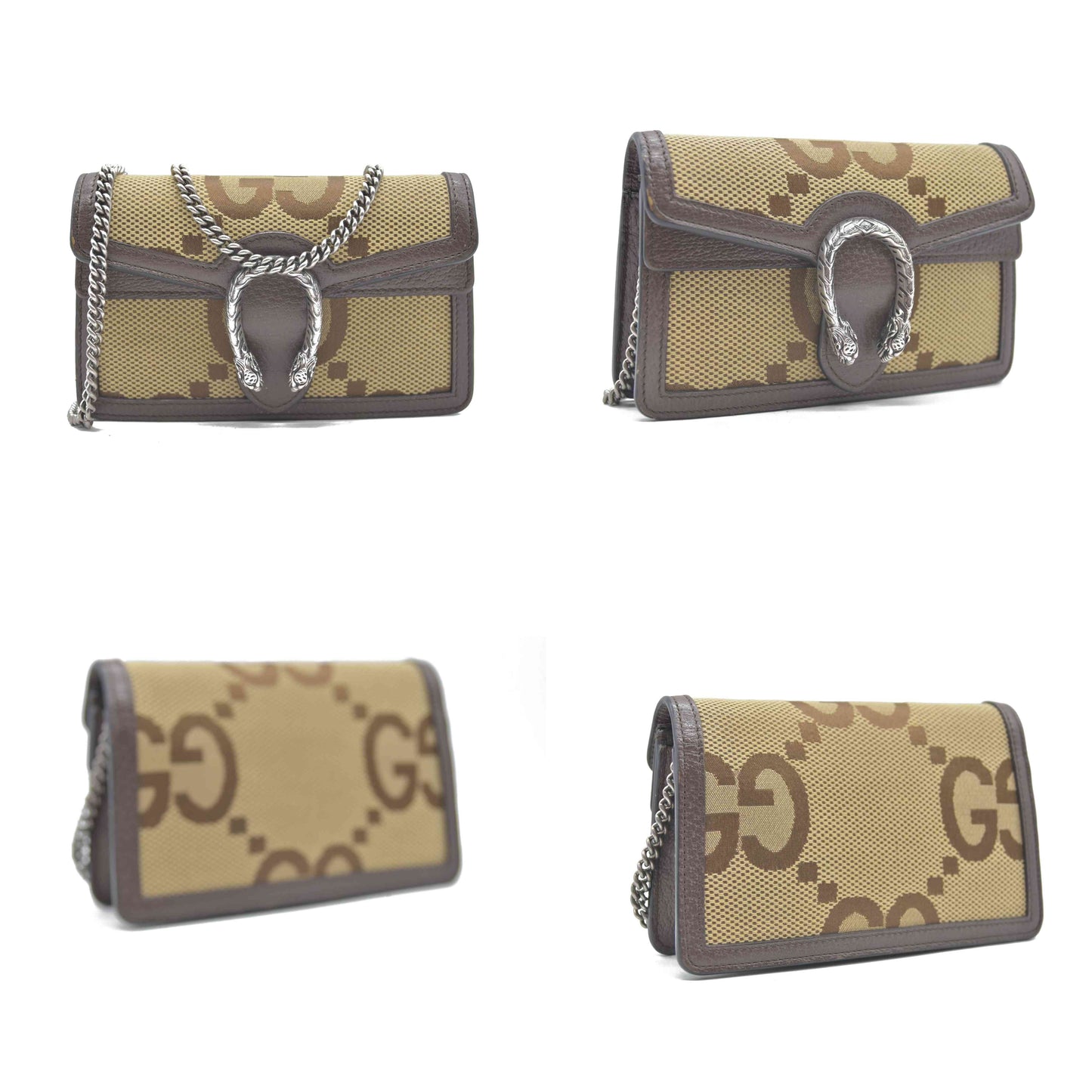 $1290 GUCCI Monogram Jumbo GG Textured Dollar Calfskin Super Mini Dionysus Shoulder Bag Camel Ebony