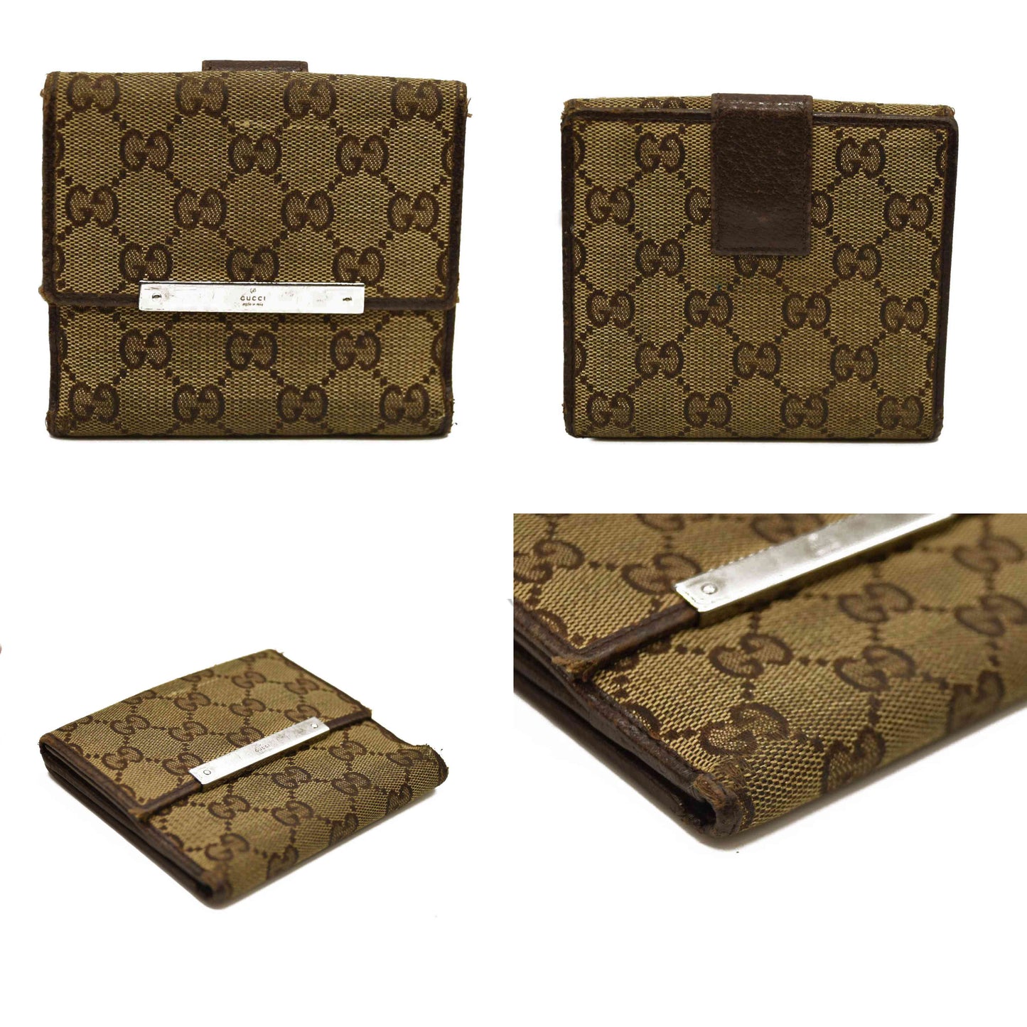 GUCCI GG Logo Canvas Leather Bifold Wallet Beige