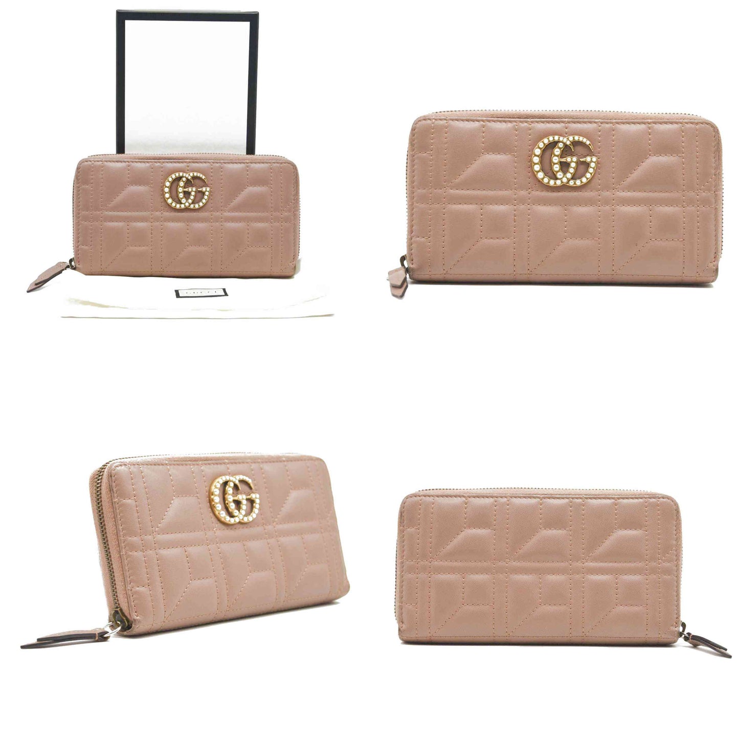 GUCCI Calfskin Matelasse Pearly GG Marmont Zip Around Wallet Porcelain Rose