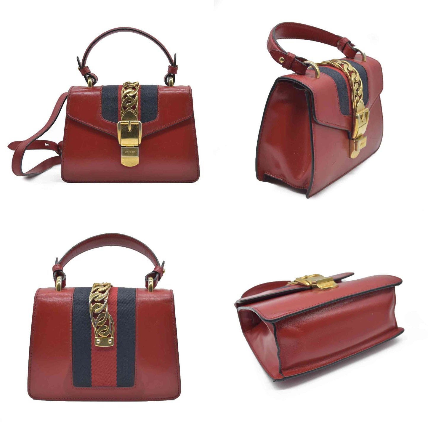 $1980 Gucci  Calfskin Mini Sylvie Chain Shoulder Bag Hibiscus Red