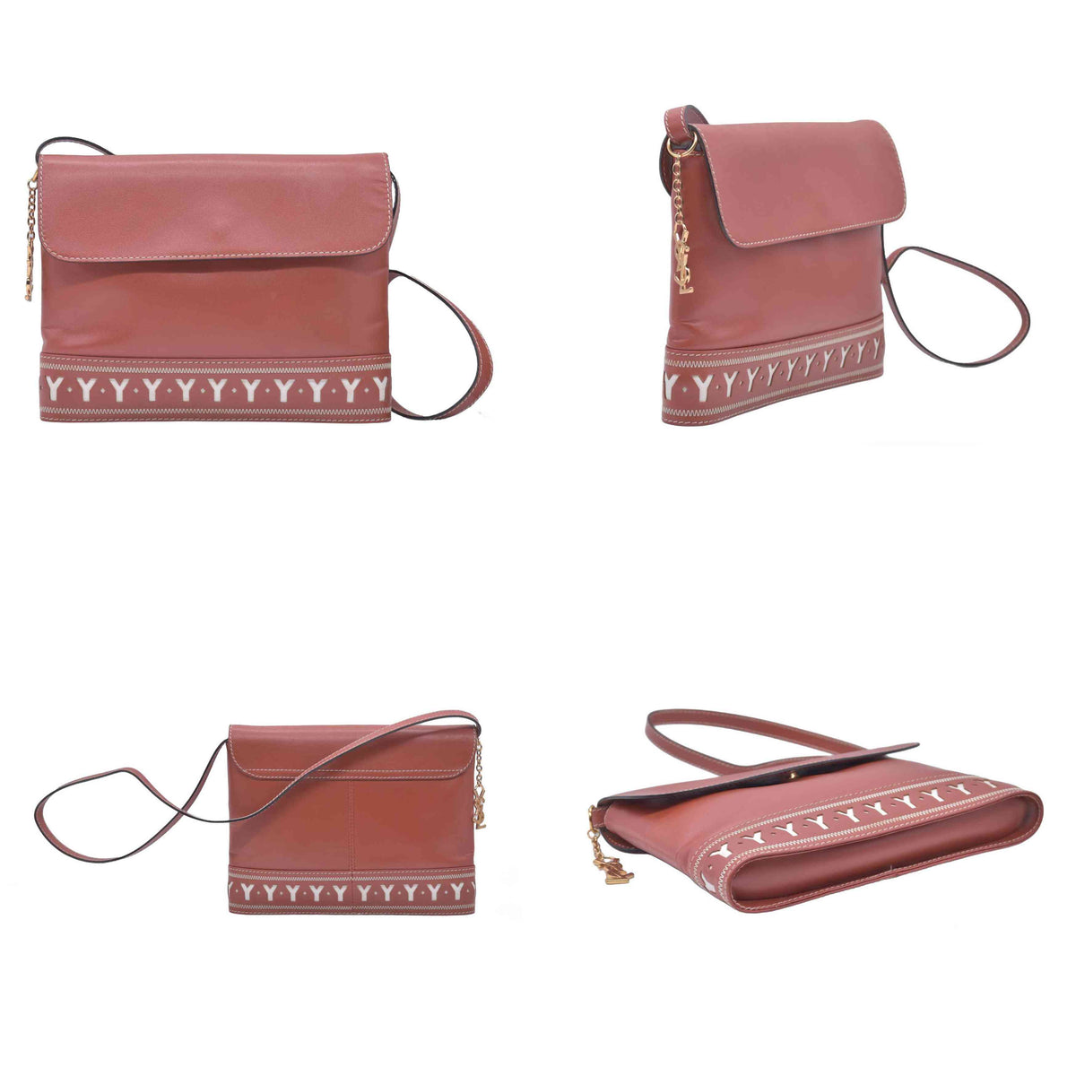 $980 YVES SAINT LAURENT Calfskin Cutout Y Monogram Flap Shoulder Bag Terracotta CONSIGNMENT 10021247
