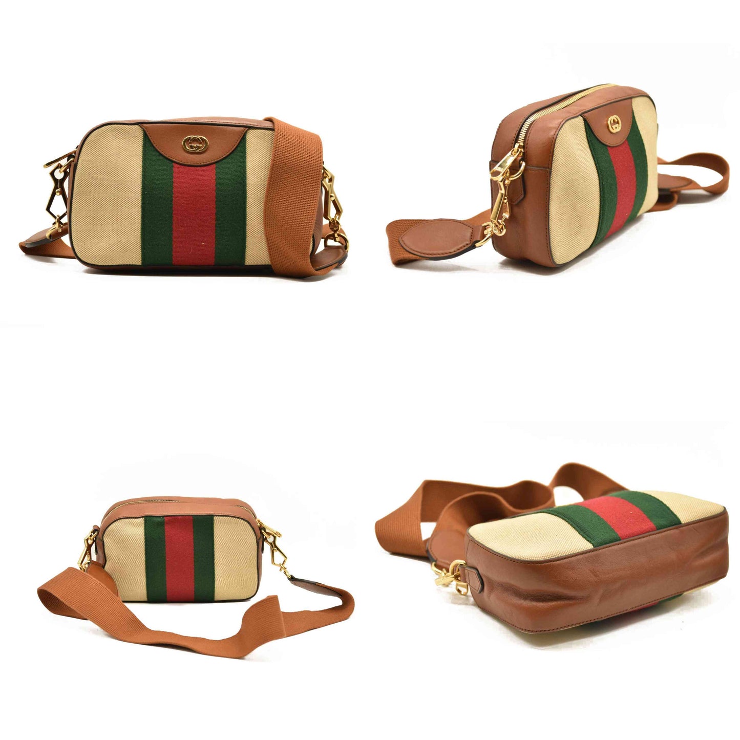 Gucci  Vintage Canvas Web Shoulder Bag Sand Cuir