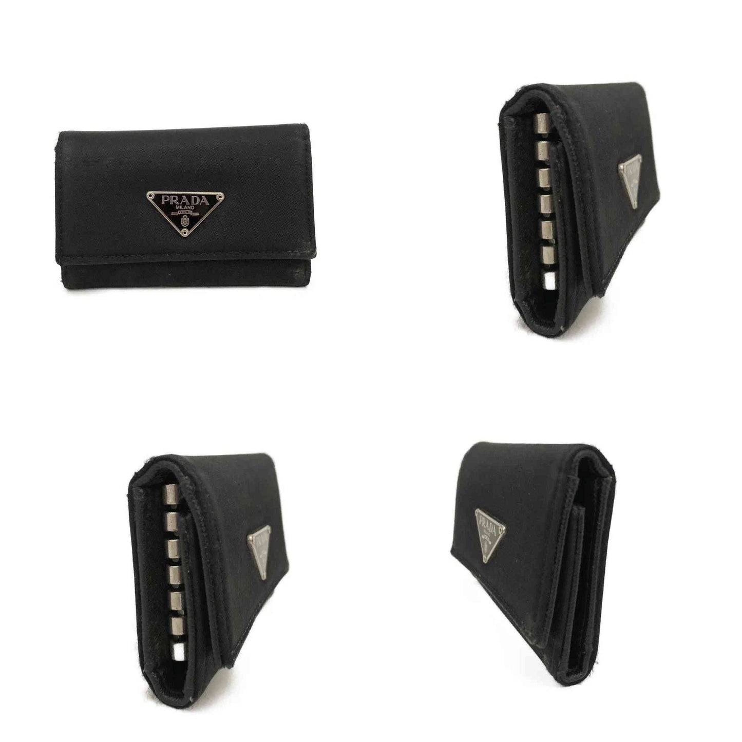 PRADA Logo Plate Nylon 6 Ring Key Case Black