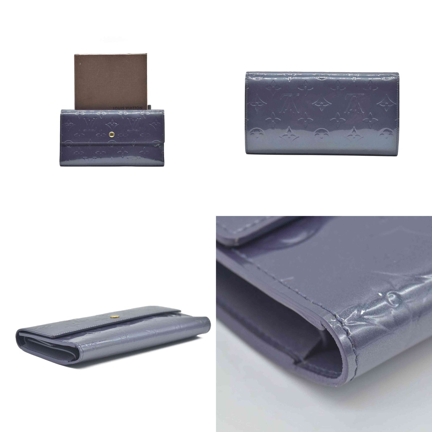 $880 2004 Louis Vuitton Vernis Sarah Wallet Purple Grey CONSIGNMENT TH1024