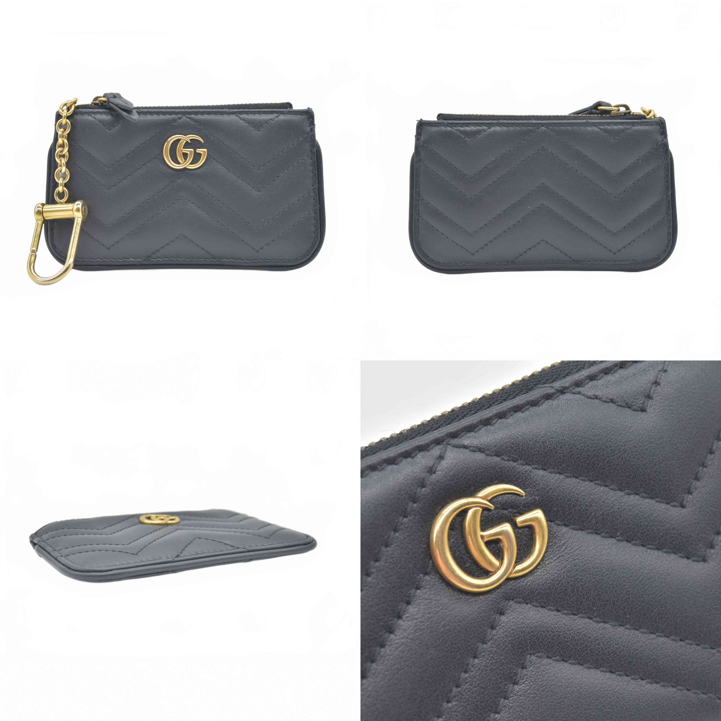 $480 Gucci Calfskin Matelasse GG Marmont Key Case Black