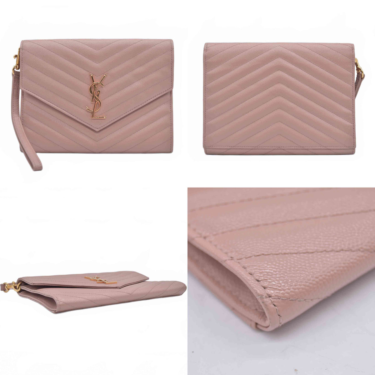 $850 2022 Saint Laurent Grain De Poudre Matelasse Chevron Monogram Envelope Clutch