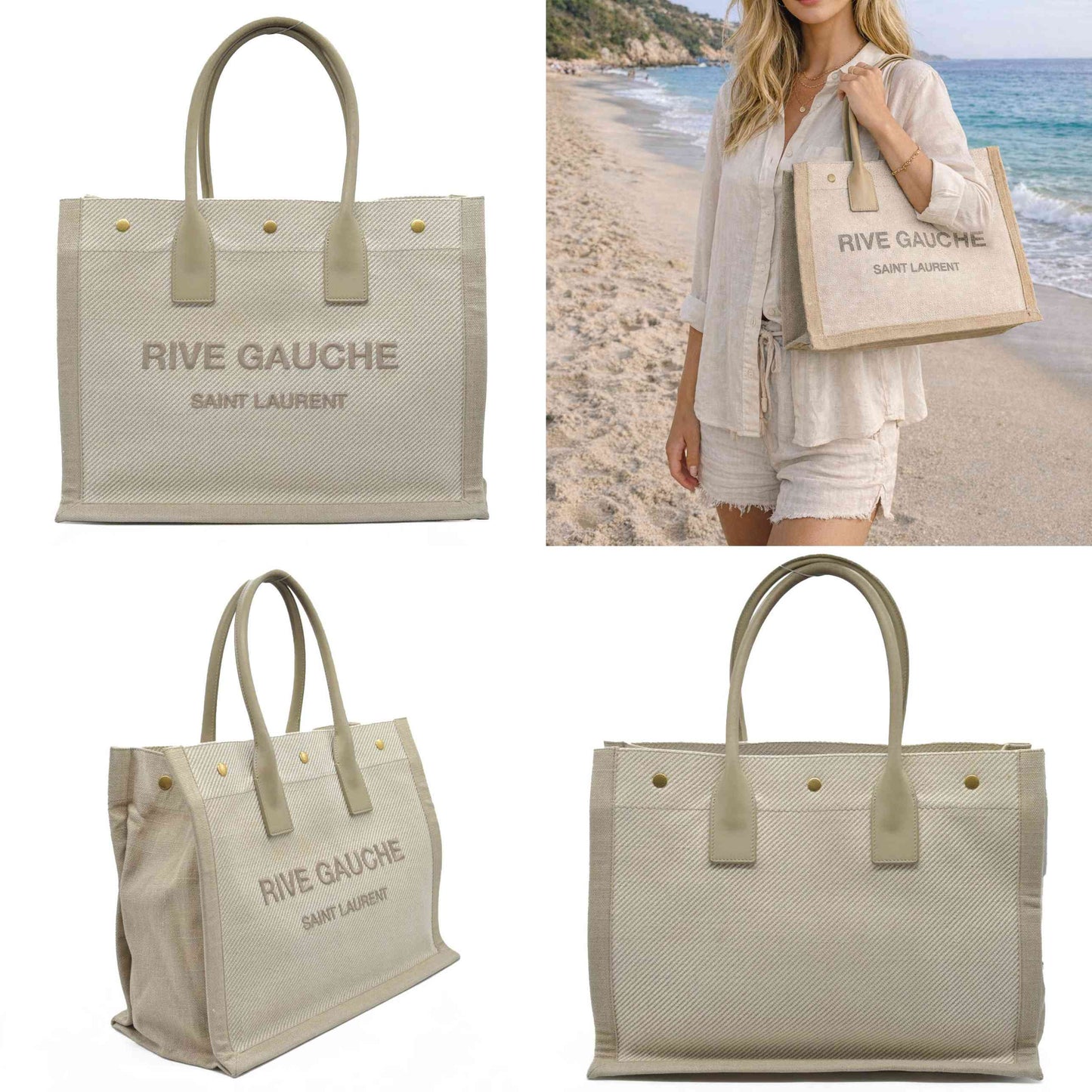 $2000 SAINT LAURENT Linen Calfskin Small Rive Gauche Tote Beige Sea Salt
