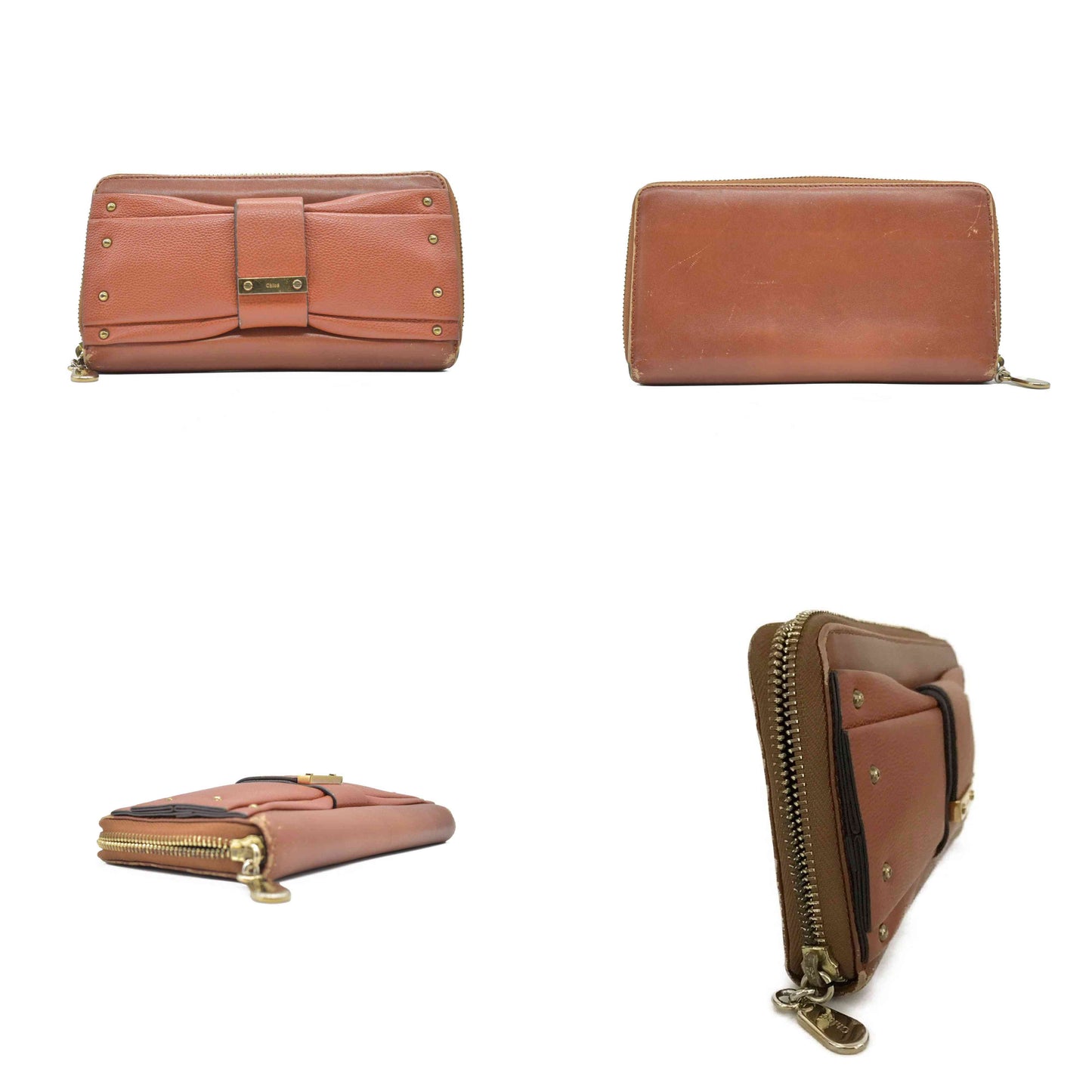 $690 CHLOE Ribbon Leather Zip Around Long Wallet Brown