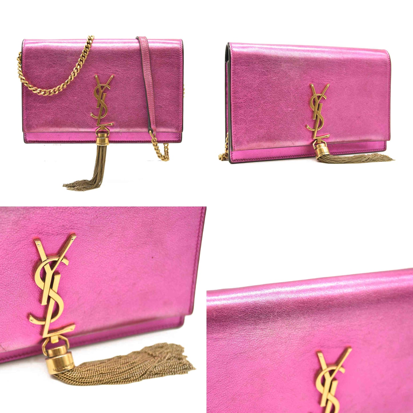 SAINT LAURENT Metallic Calfskin Classic Monogram Kate Tassel Chain Wallet Fuchsia