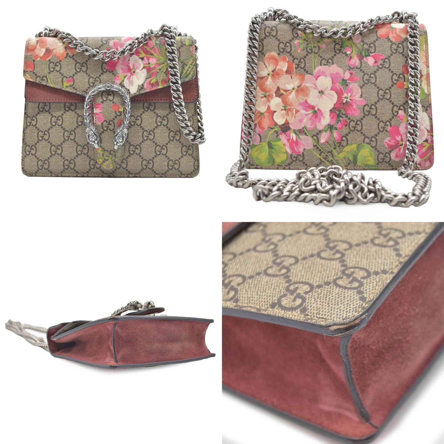 $2980 Gucci GG Supreme Monogram Blooms Mini Dionysus Shoulder Bag Beige Multicolor Dry Rose