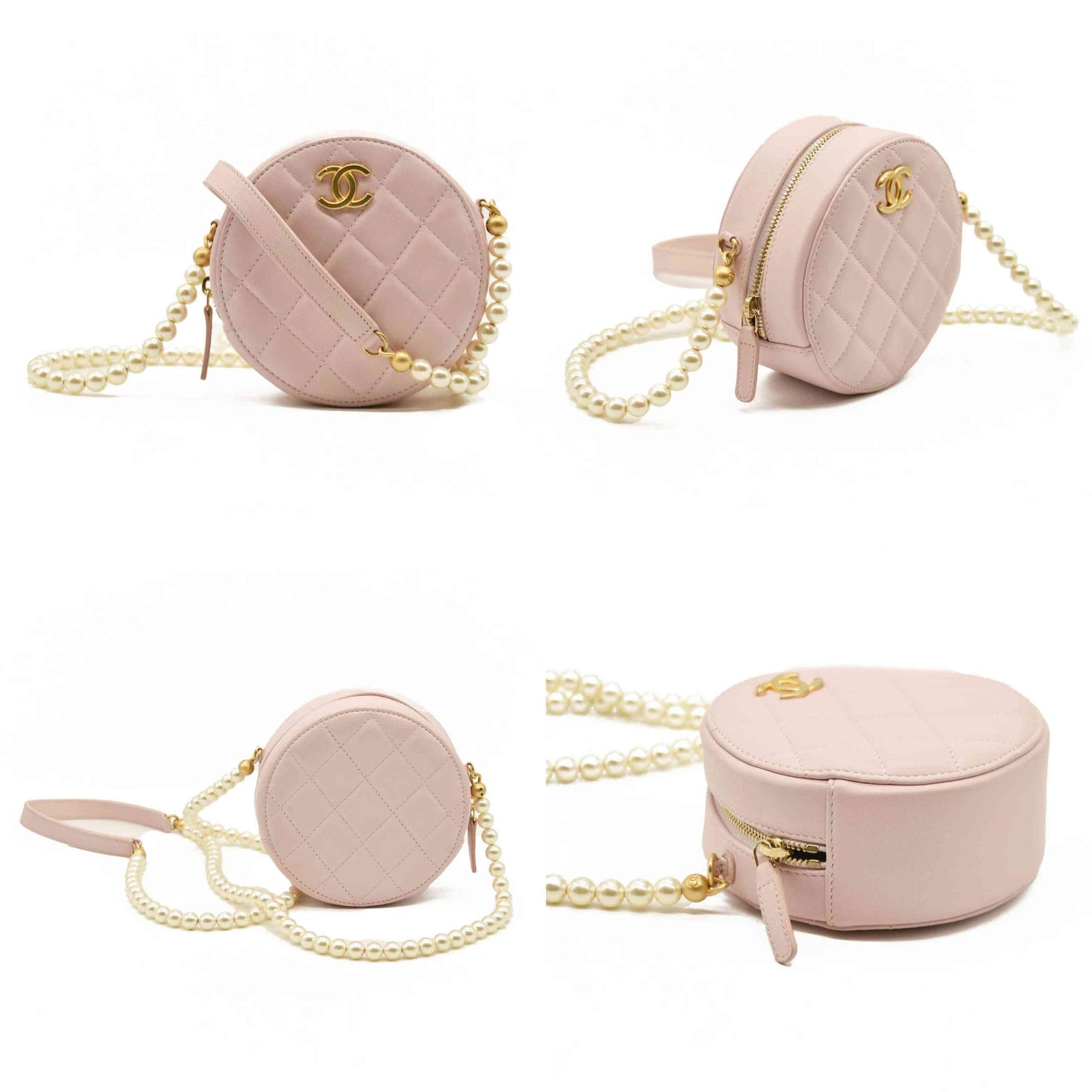 Chanel  Calfskin Quilted Pearl Round Clutch With Chain Light Pink 31*