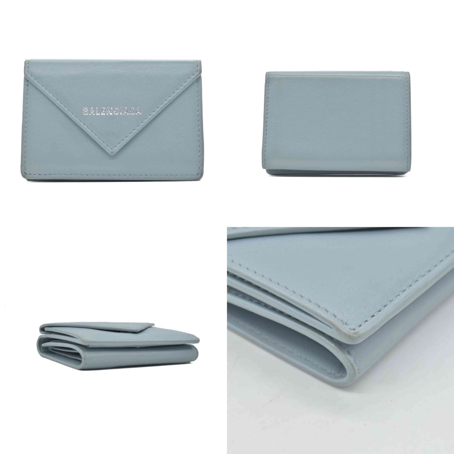 $475 Balenciaga Leather Compact Mini Papier Wallet Blue CONSIGNMENT