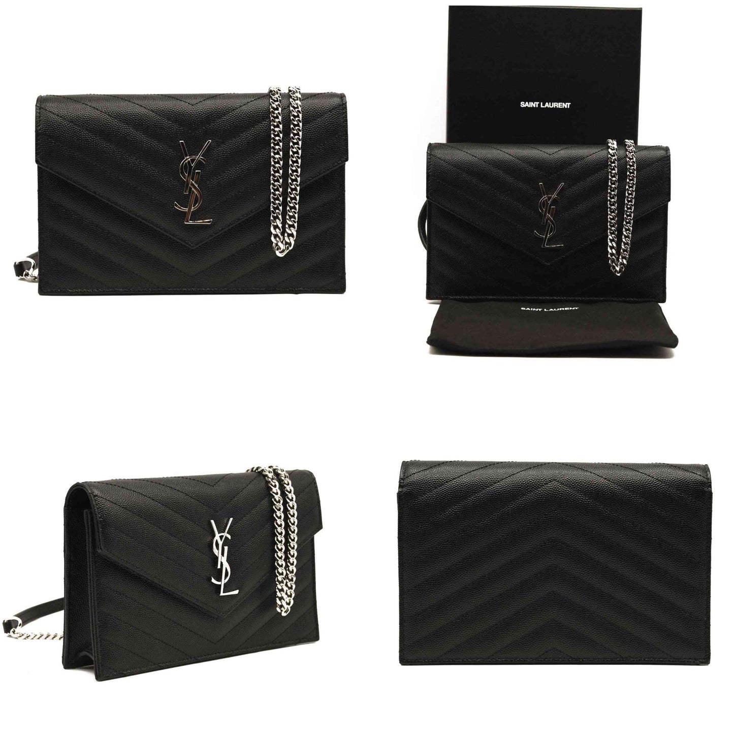 NEW SAINT LAURENT Grain De Poudre Matelasse Chevron Monogram Chain Wallet Black Silver