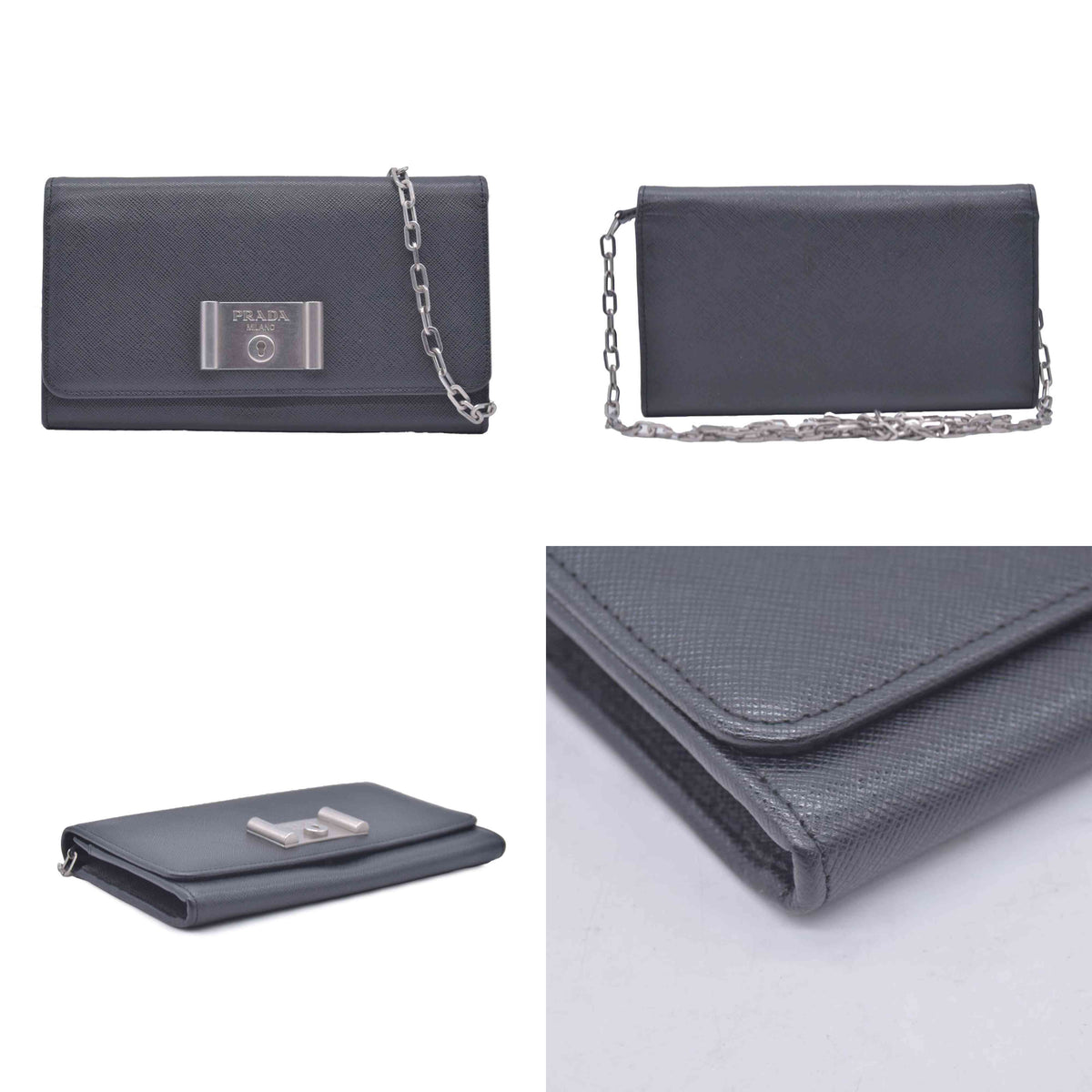 $1550 Prada Saffiano Lock Leather Flap Wallet on Chain CONSIGNMENT