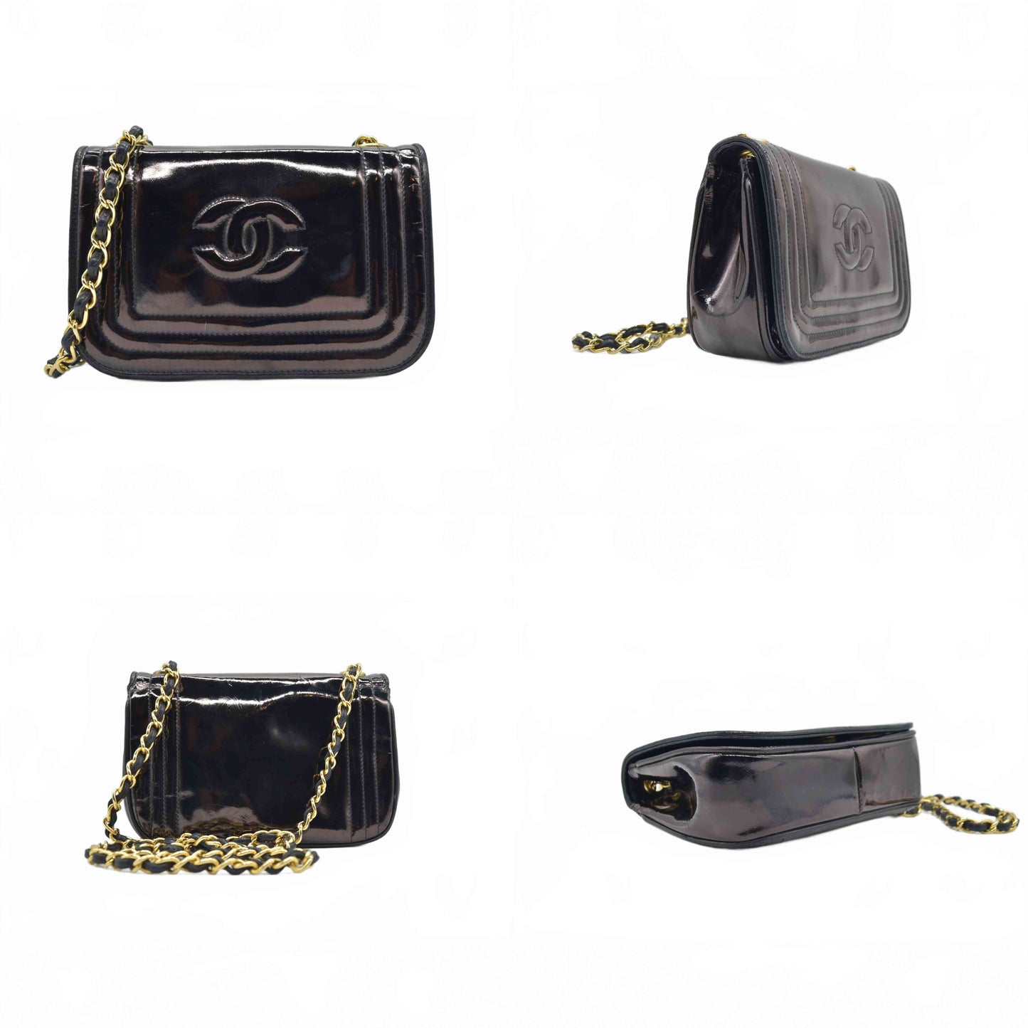 $3500 Chanel Patent Mini Flap Brown Chain Shoulder Bag