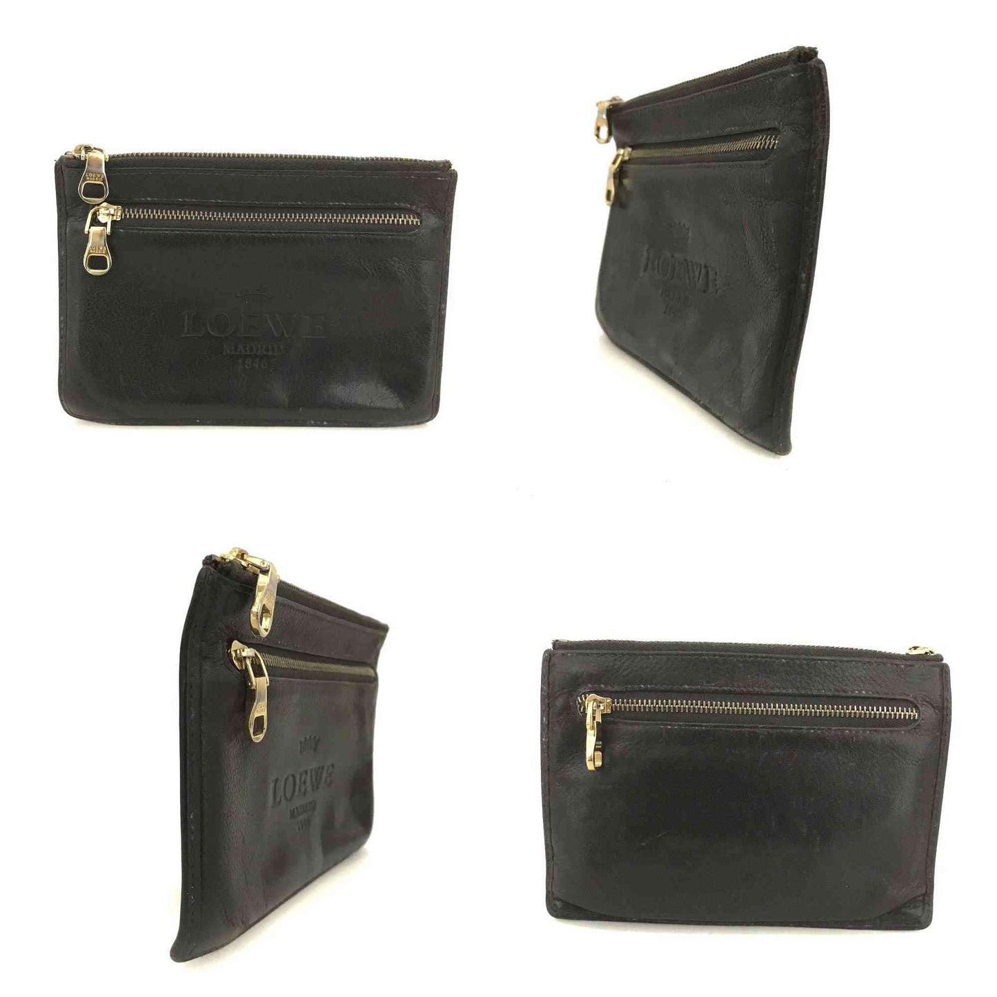 $550 LOEWE Logo Leather Cosmetic Pouch Brown