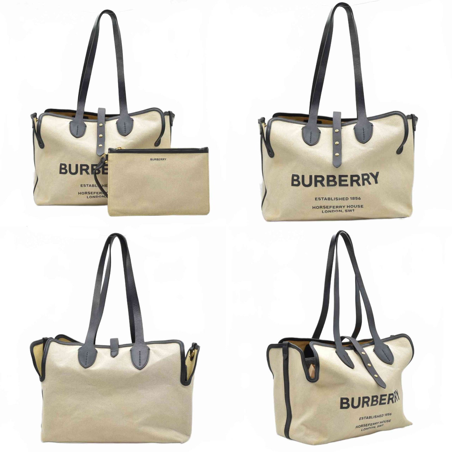 $2490 Burberry Cotton Soft Canvas Calfskin Medium Belt Tote Natural Black