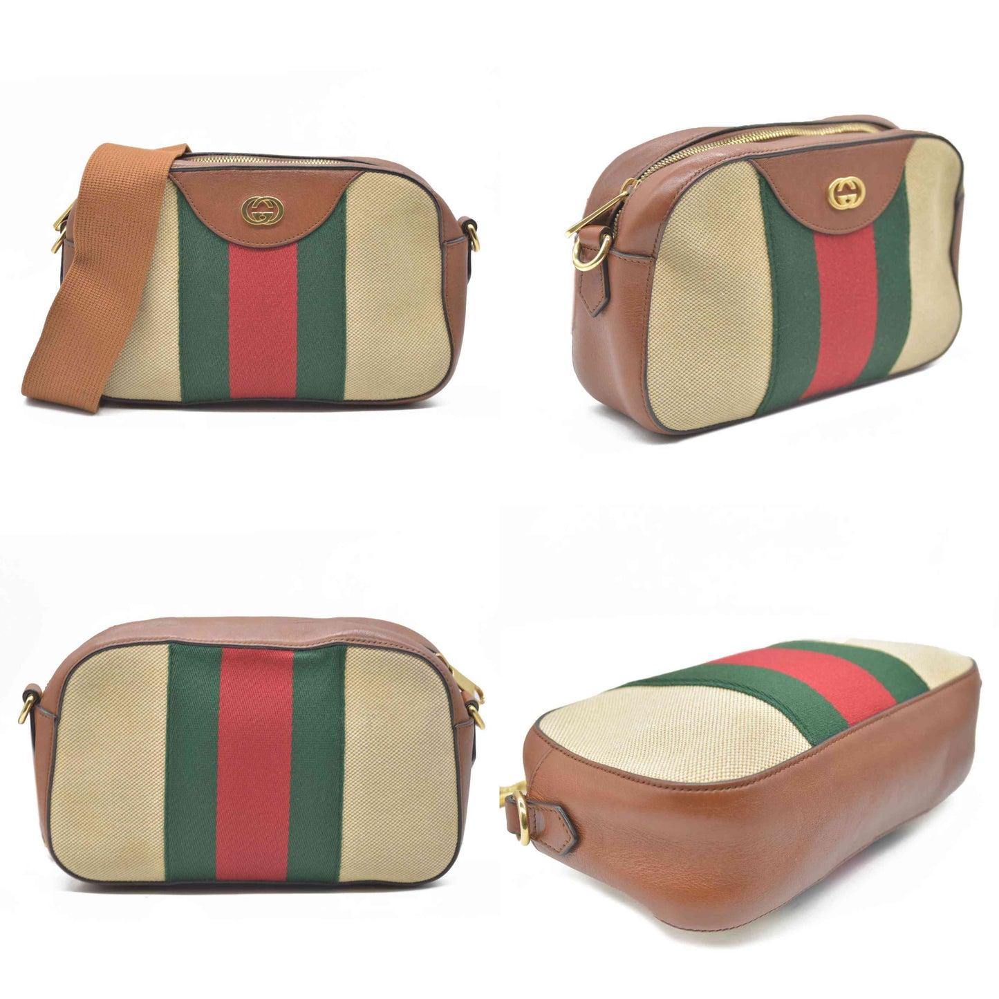 AUCTION $1450 Gucci  Vintage Canvas Web Shoulder Bag Sand Cuir
