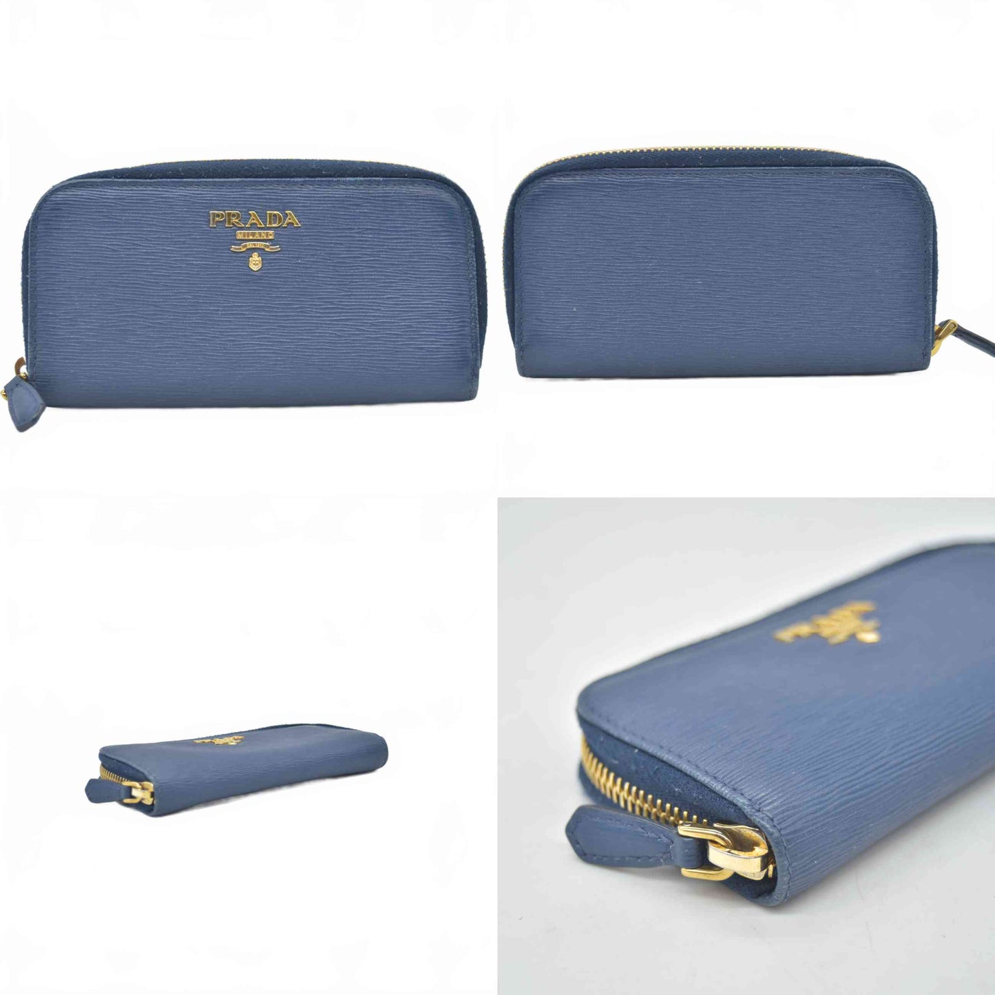 $460 Prada Saffiano Zip Around Key Holder Blue CONSIGNMENT