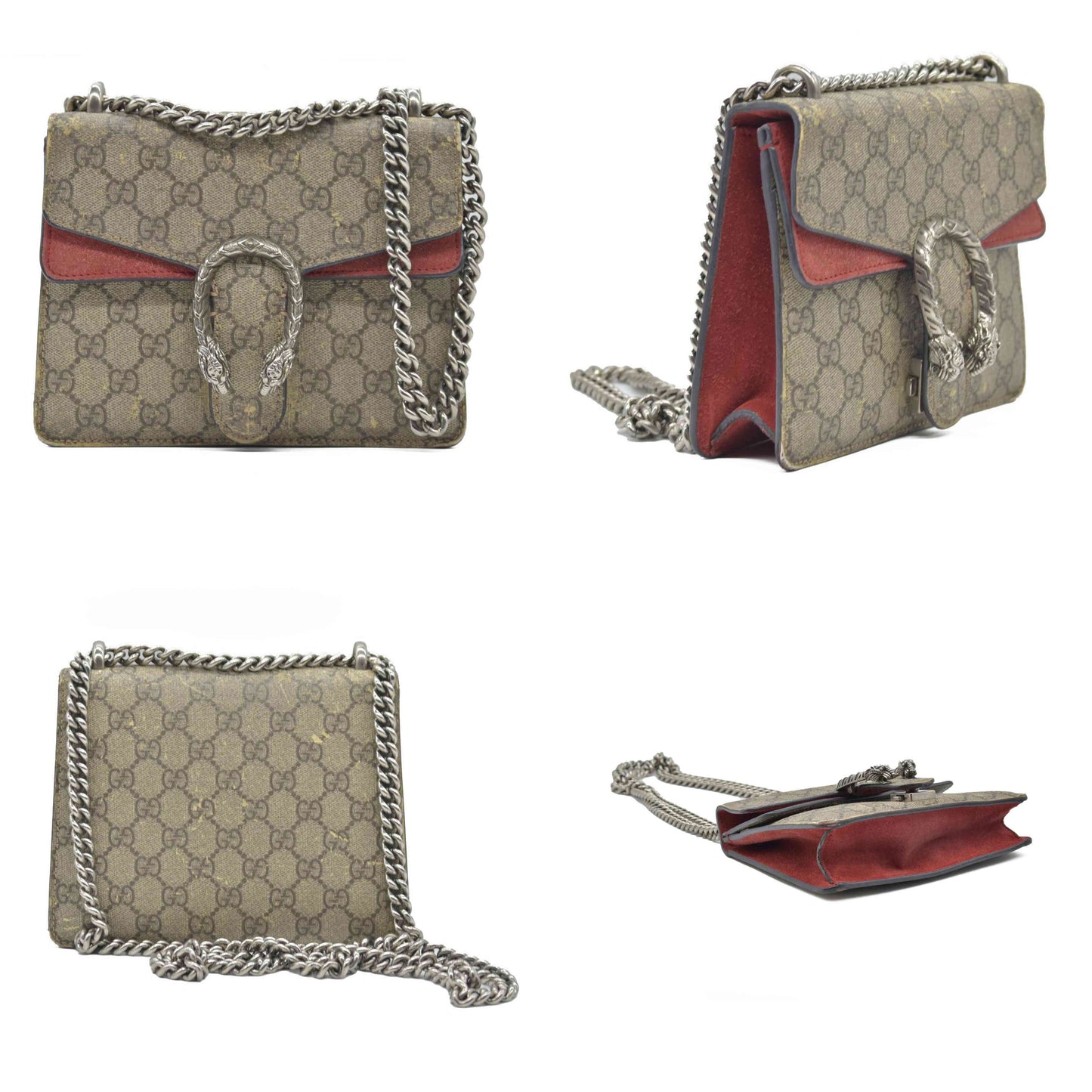 $2600 Gucci GG Supreme Monogram Suede Cudu Medium Dionysus Shoulder Bag Beige Ebony Vulcanic Red