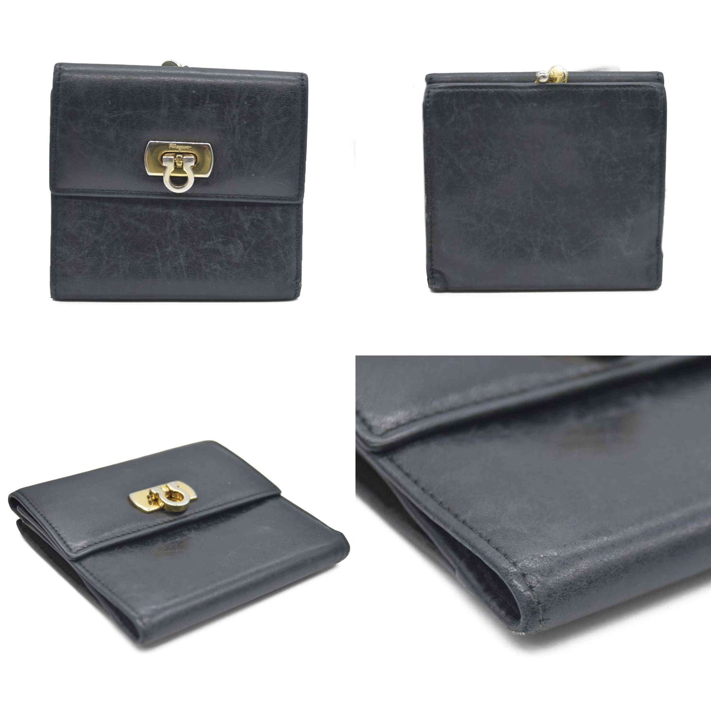 Salvatore Ferragamo Gancini Clip Leather Trifold Wallet Black